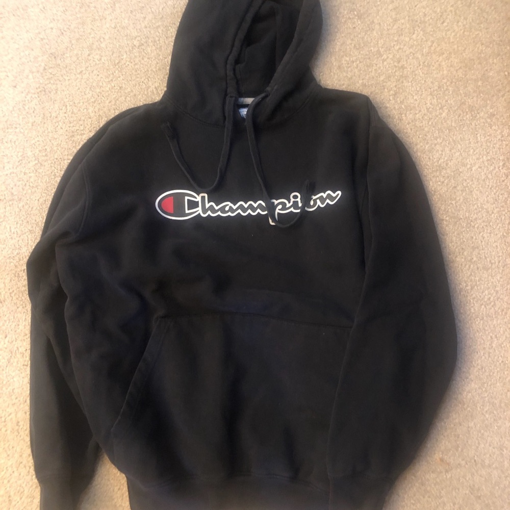 Vintage Champion Black Hooded Sweatshirt with Logo